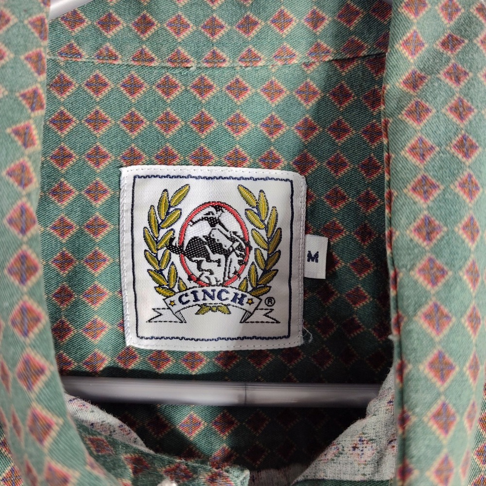 Cinch Button Down Shirt Diamond Print Western Short Sleeve Green Mens Size M - Picture 4 of 9